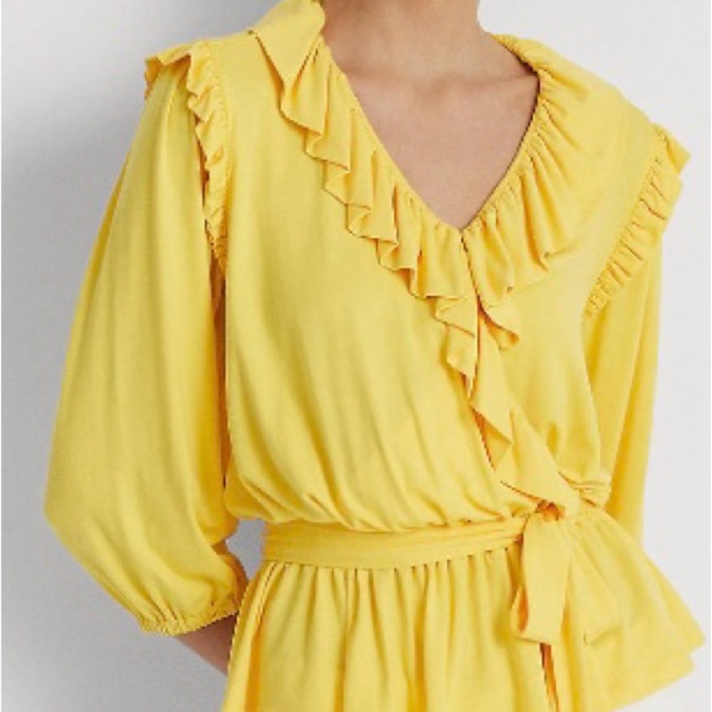 Ralph Lauren Yellow Jersey Peplum Top – Ruffle Neckline – Sash Tie – Size S